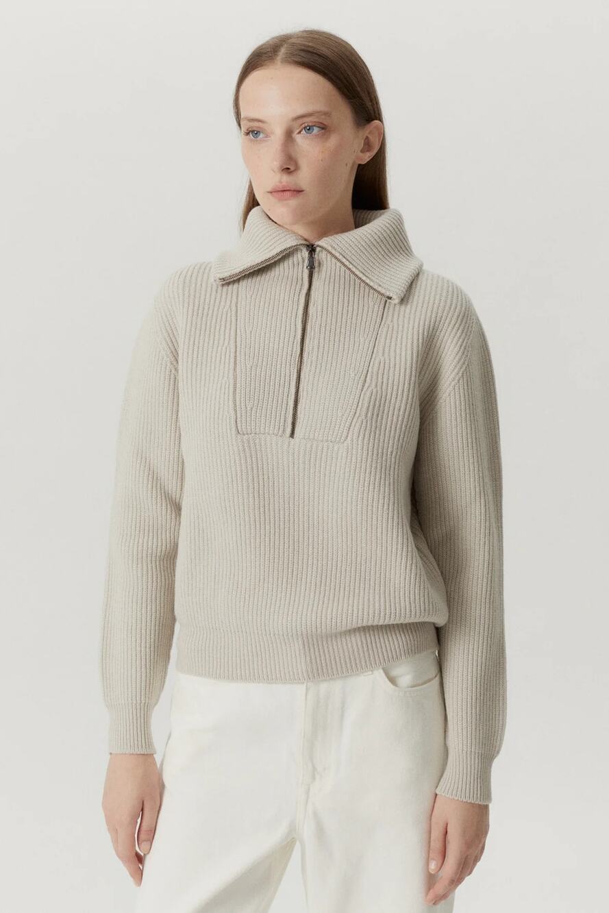 Z Supply Merino Wool Half Zip Sweater Women's Medium Beige Collared Long Sleeves